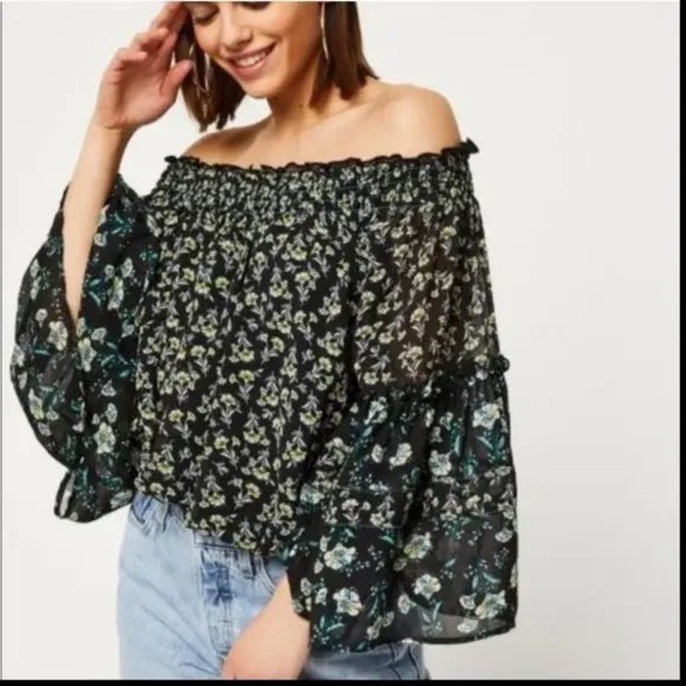 Free‎ People | Rose Valley Black Floral Off-The-Shoulder Bell Sleeve Blouse